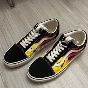 Vans Black and Yellow Sneakers with Flame Design